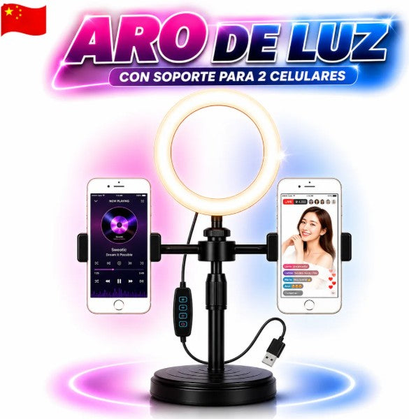 ARO DE LUZ TIK TOK CON SOPORTE PARA 2 CELULARES