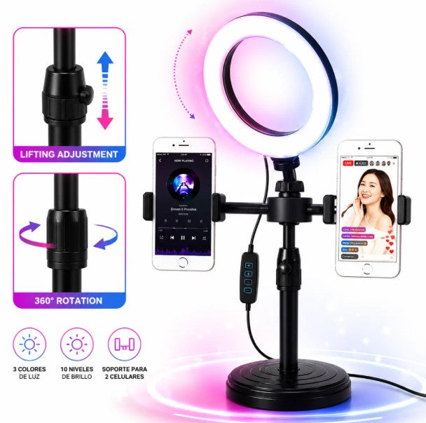 ARO DE LUZ TIK TOK CON SOPORTE PARA 2 CELULARES